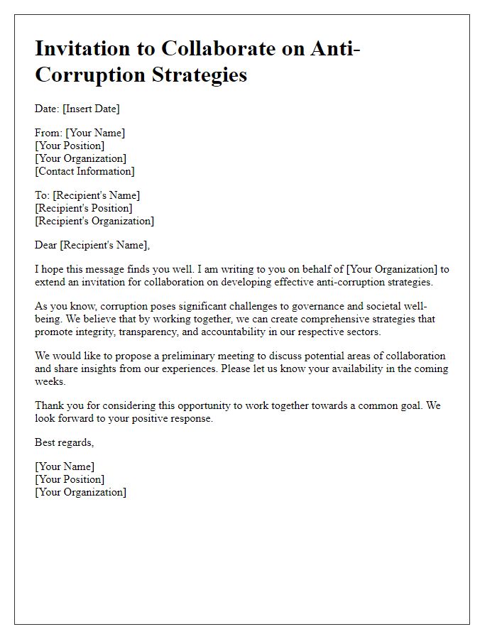 Letter template of invitation to collaborate on anti-corruption strategies