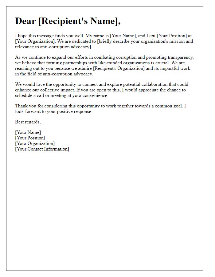 Letter template of networking request for anti-corruption advocacy partners