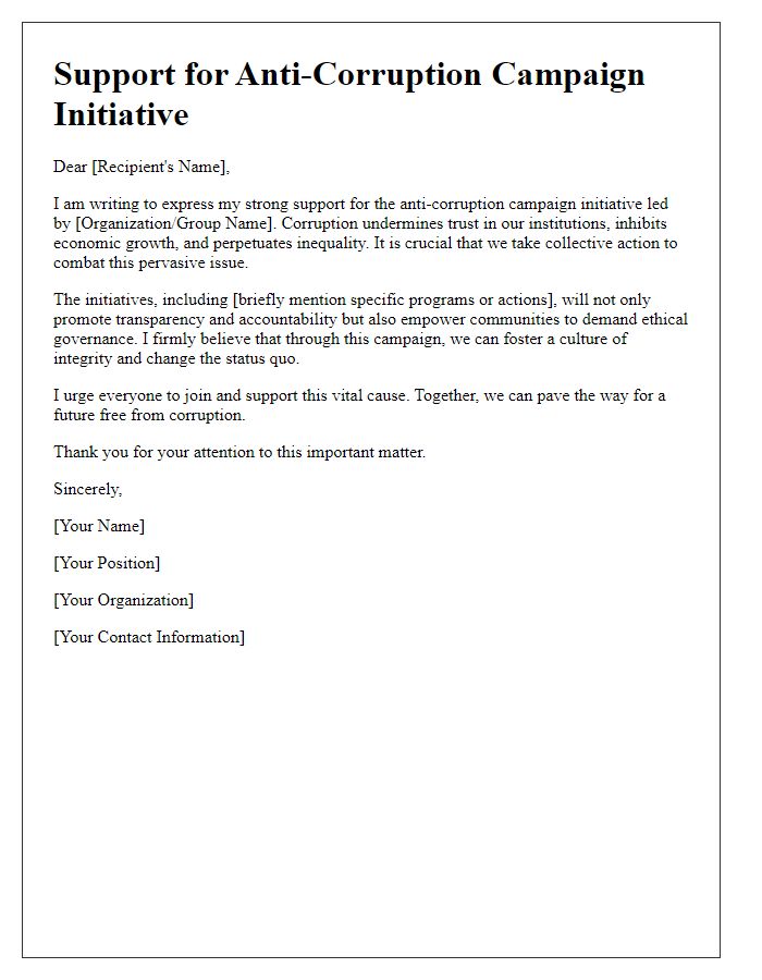 Letter template of support for anti-corruption campaign initiative