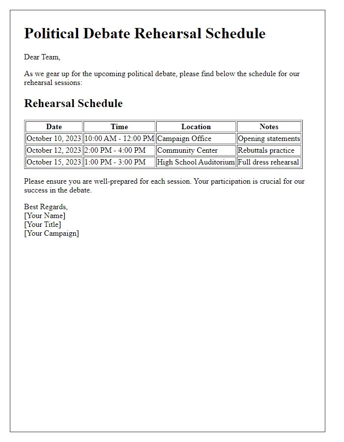 Letter template of political debate rehearsal schedule