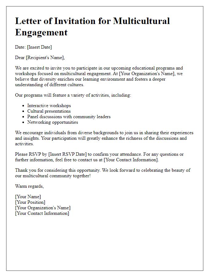 Letter template of multicultural engagement for educational programs and workshops.