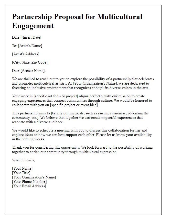 Letter template of multicultural engagement for partnerships with multicultural artists.