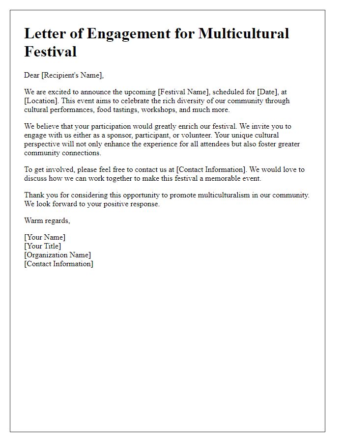 Letter template of multicultural engagement for promoting multicultural festivals.