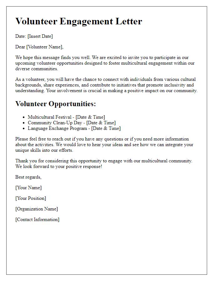 Letter template of multicultural engagement for volunteering opportunities in diverse communities.