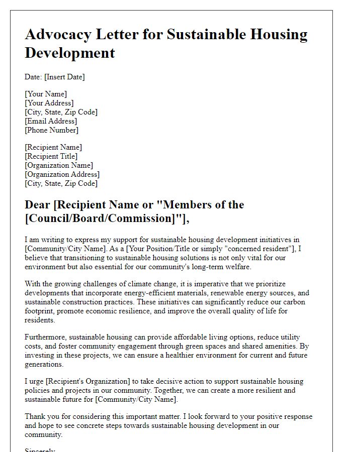 Letter template of advocacy for sustainable housing development.