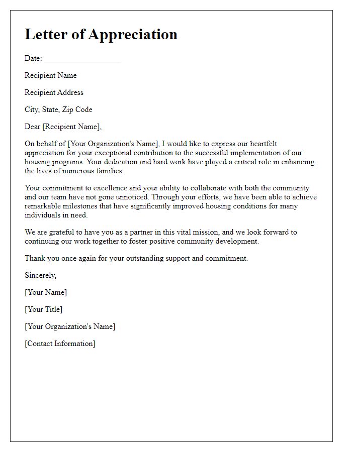 Letter template of appreciation for successful housing programs.