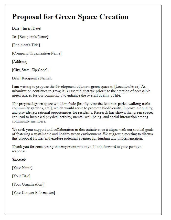 Letter template of urban development proposal for green space creation