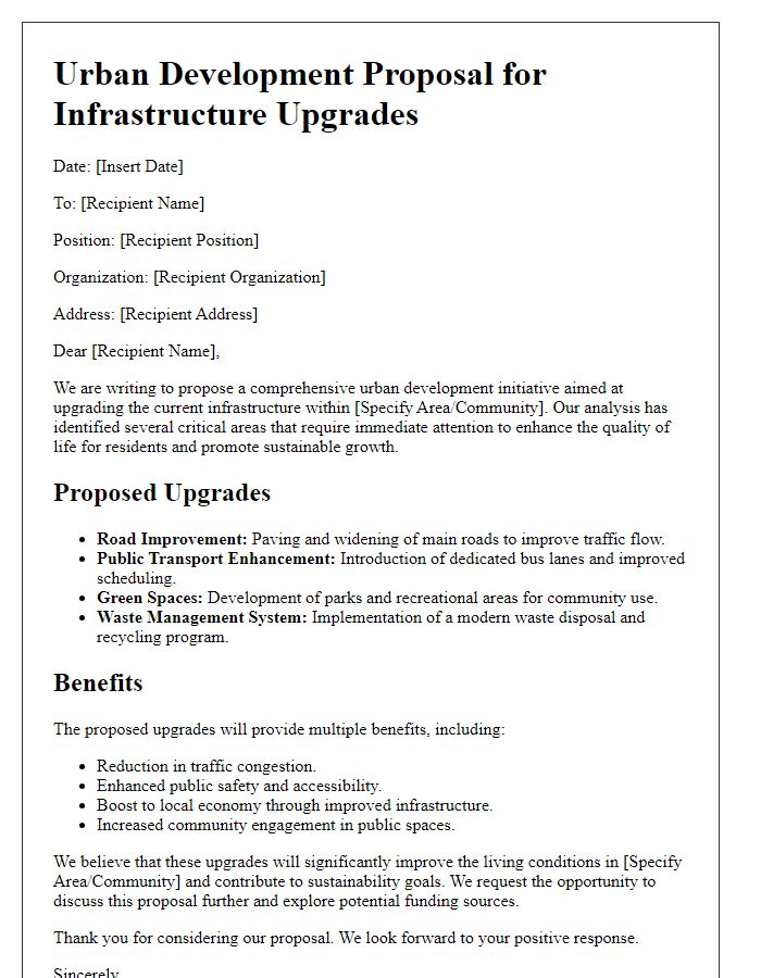 Letter template of urban development proposal for infrastructure upgrades