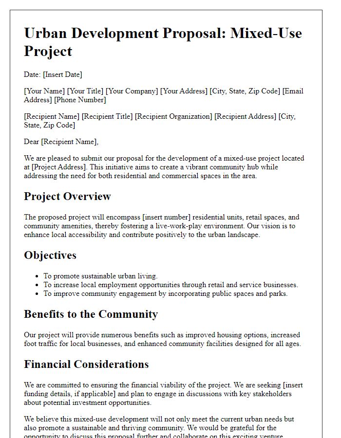 Letter template of urban development proposal for mixed-use projects