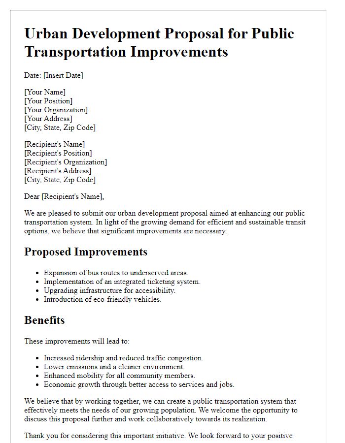 Letter template of urban development proposal for public transportation improvements