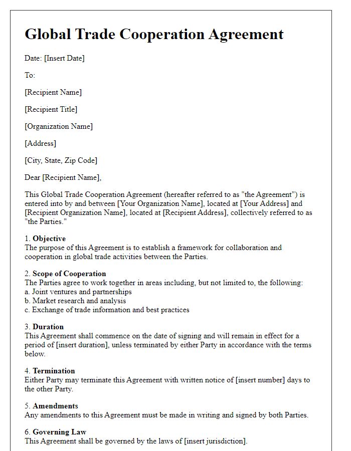 Letter template of global trade cooperation agreement