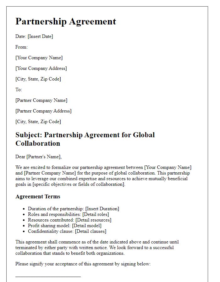 Letter template of partnership agreement for global collaboration