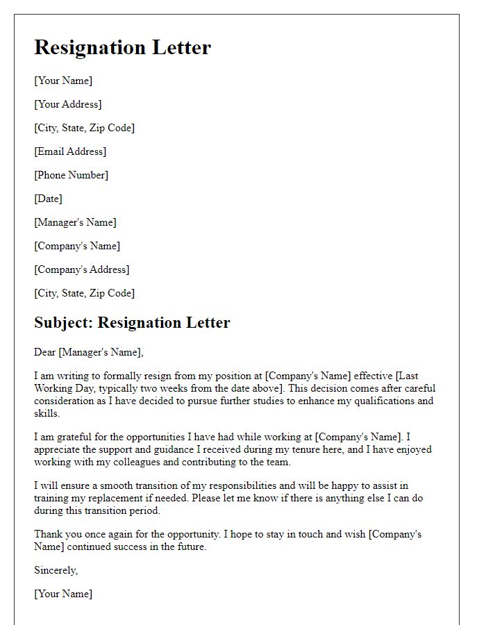 Letter template of resignation for further studies