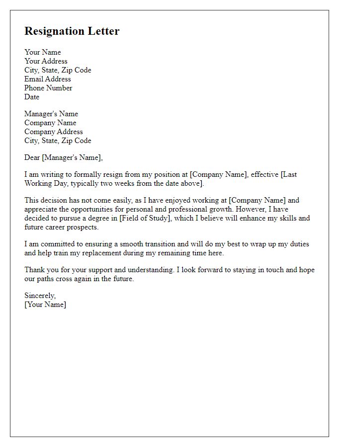 Letter template of resignation for pursuing a degree