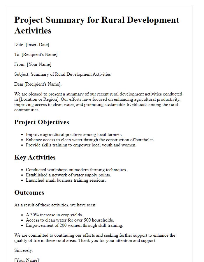 Letter template of project summary for rural development activities