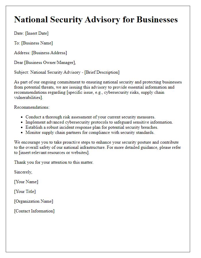 Letter template of national security advisory for businesses