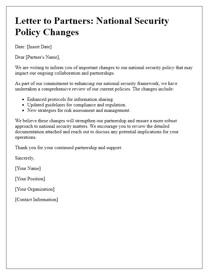 Letter template of national security policy changes for partners