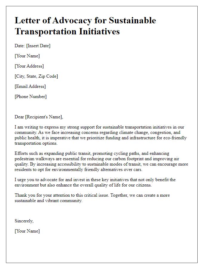 Letter template of advocacy for sustainable transportation initiatives.