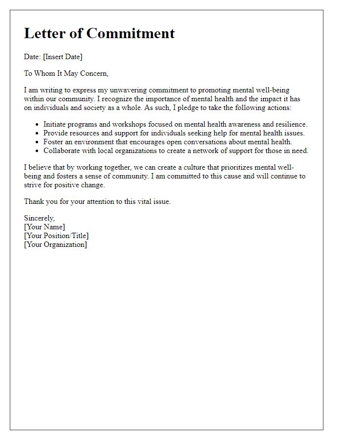 Letter template of commitment to promoting mental well-being.