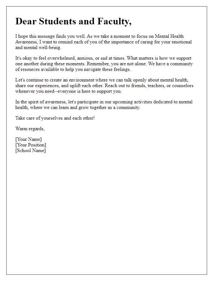 Letter template of encouragement for mental health awareness in schools.