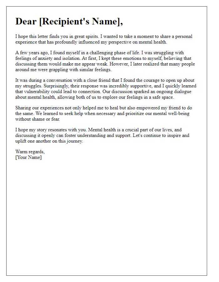 Letter template of personal story sharing to inspire mental health discussions.