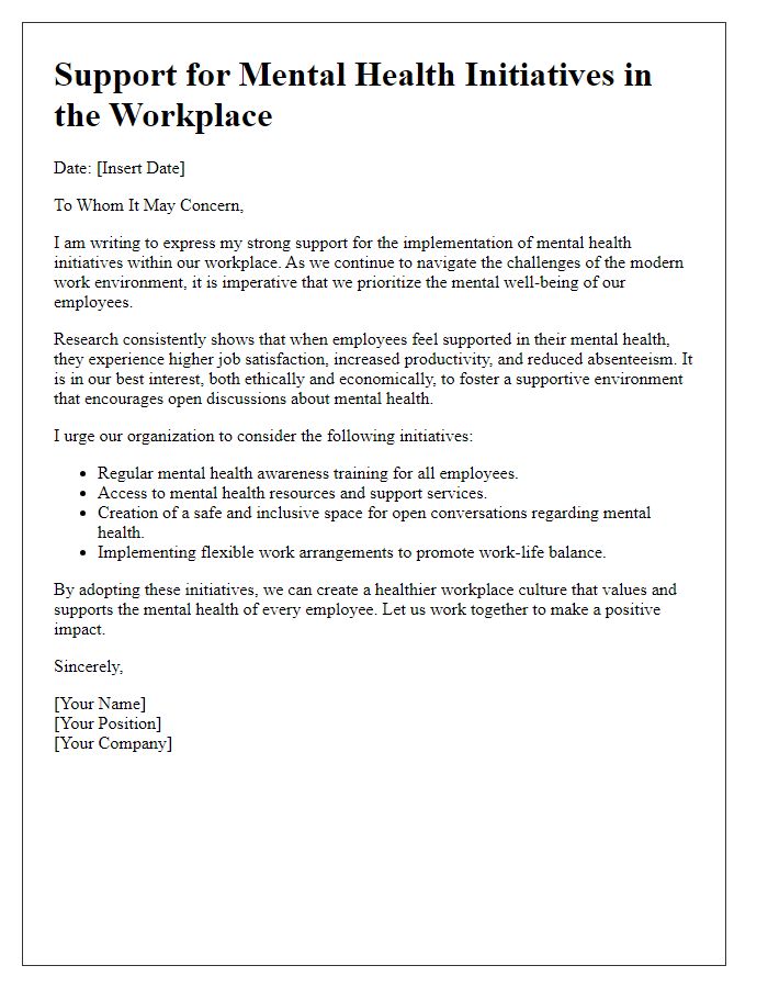 Letter template of support for mental health initiatives in workplaces.