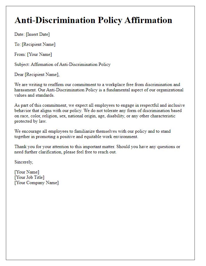 Letter template of anti-discrimination policy affirmation communication