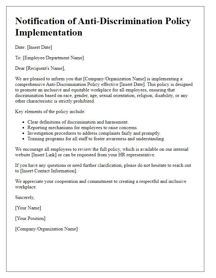 Letter template of anti-discrimination policy implementation notification