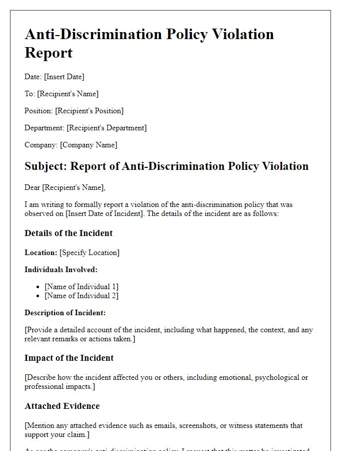 Letter template of anti-discrimination policy violation report