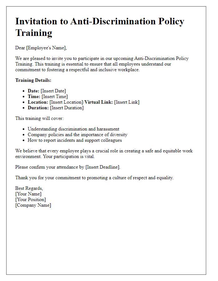 Letter template of employee anti-discrimination policy training invitation