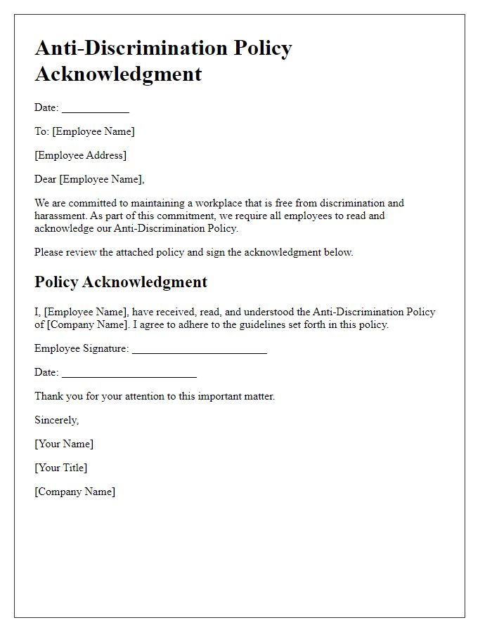 Letter template of workplace anti-discrimination policy acknowledgment