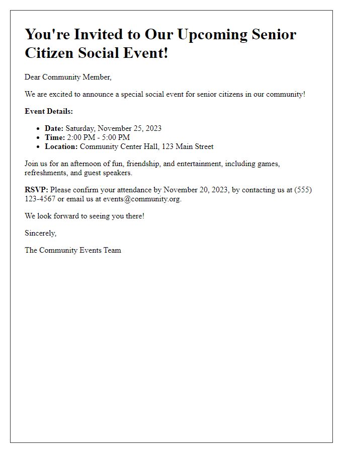 Letter template of announcement for senior citizen social events