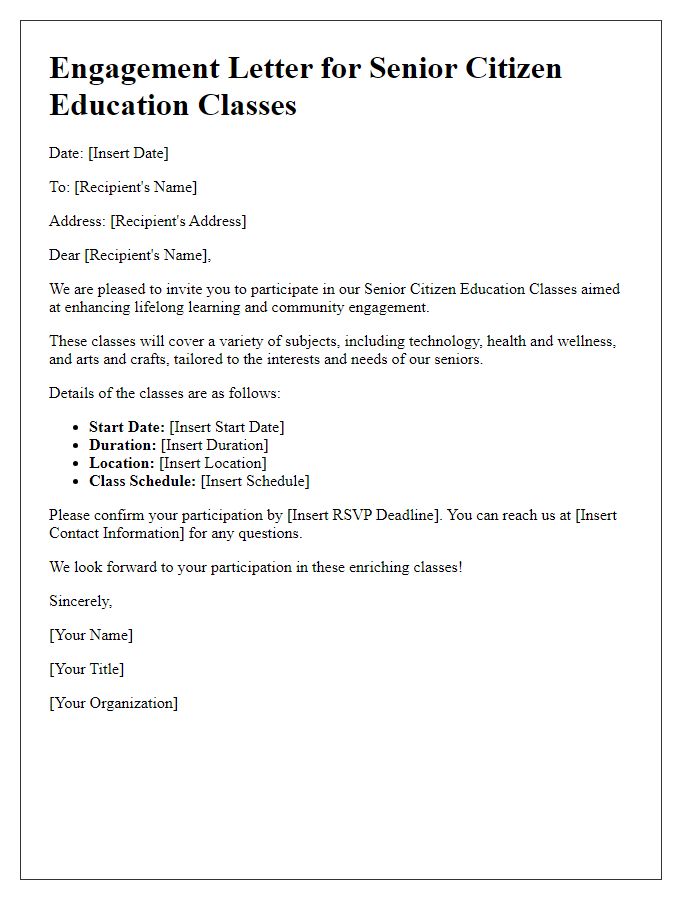 Letter template of engagement for senior citizen education classes