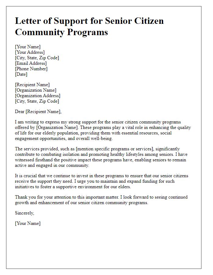 Letter template of support for senior citizen community programs