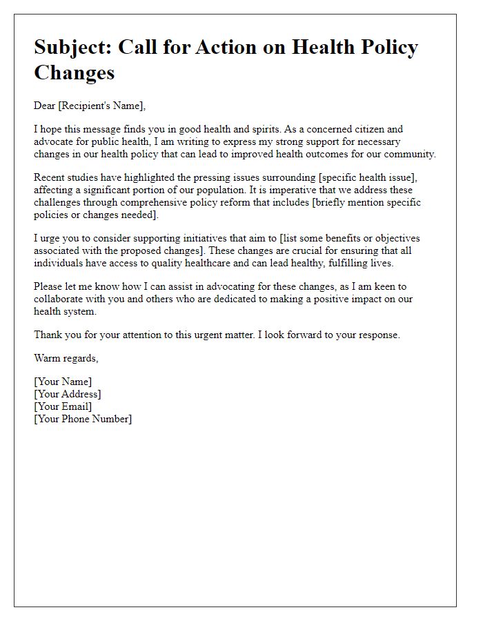 Letter template of outreach for health policy changes