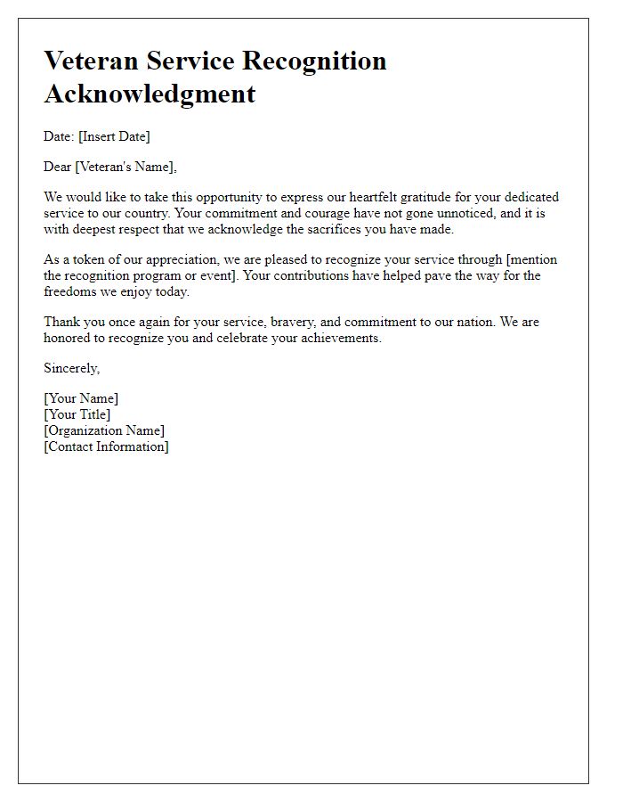 Letter template of acknowledgment for veteran service recognition