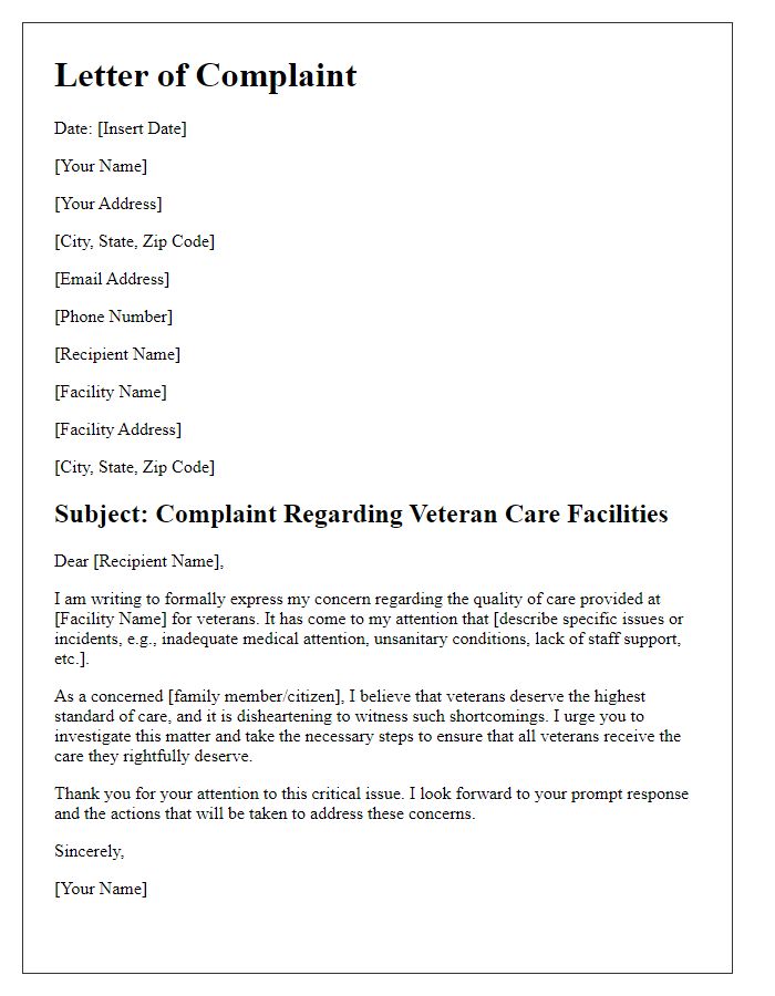 Letter template of complaint about veteran care facilities