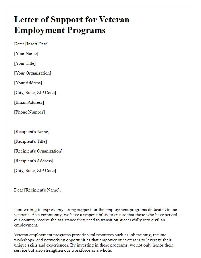 Letter template of support for veteran employment programs