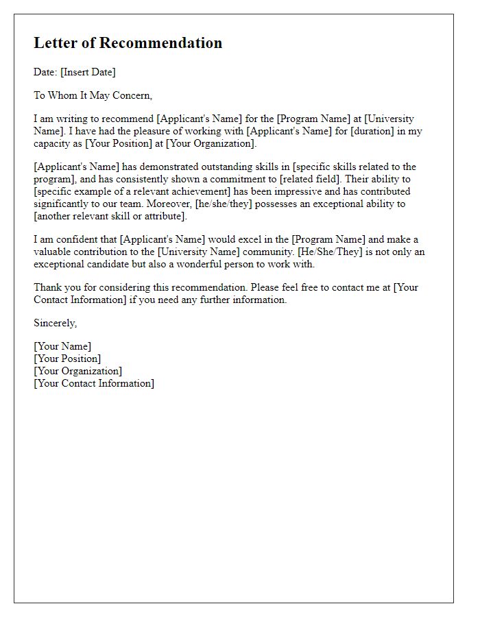 Letter template of recommendation for a professional program at a university.