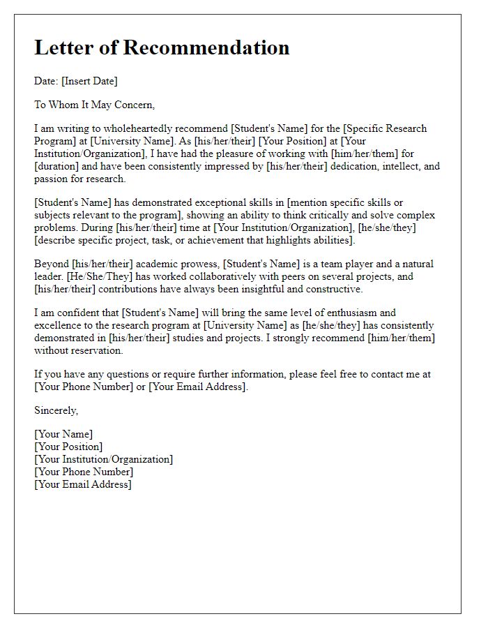 Letter template of recommendation for a research program at a university.