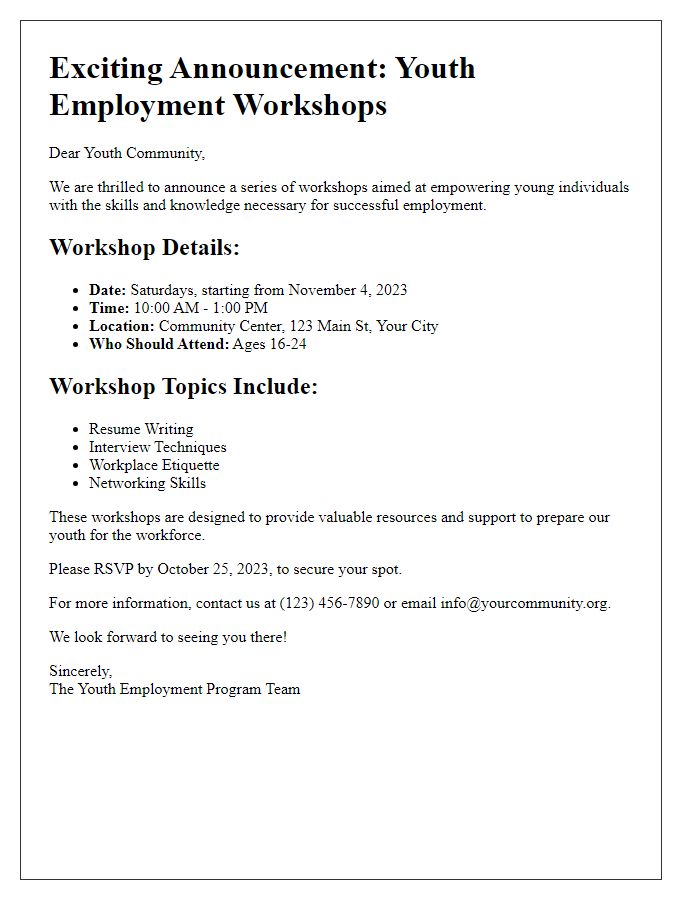 Letter template of announcement for youth employment workshops