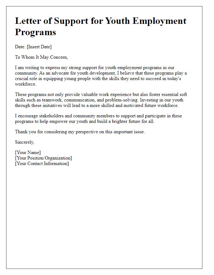 Letter template of support for youth employment programs