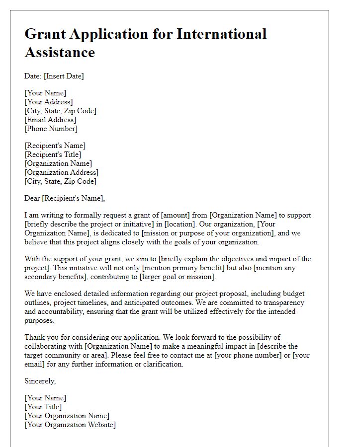 Letter template of grant application for international assistance