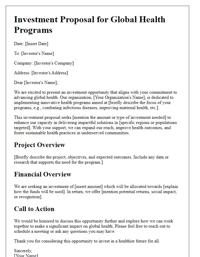 Letter template of investment proposal for global health programs