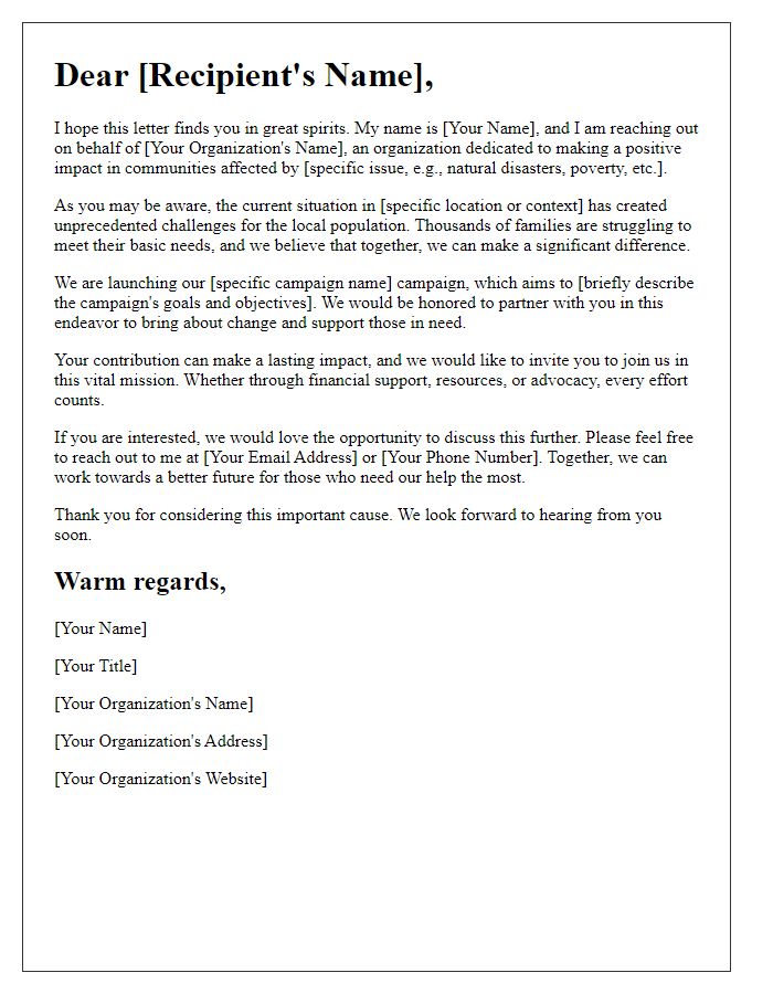 Letter template of outreach letter for international aid campaigns