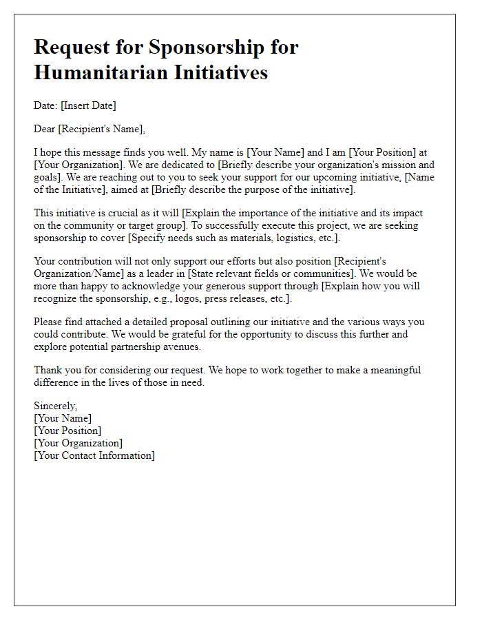 Letter template of sponsorship appeal for humanitarian initiatives