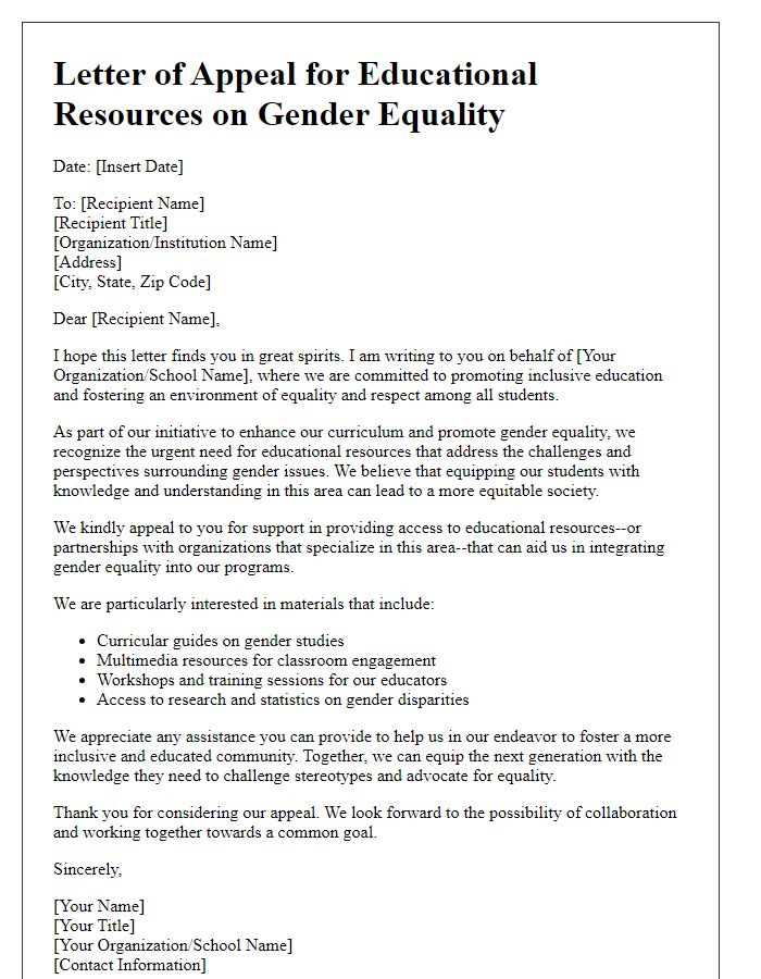 Letter template of appeal for educational resources on gender equality