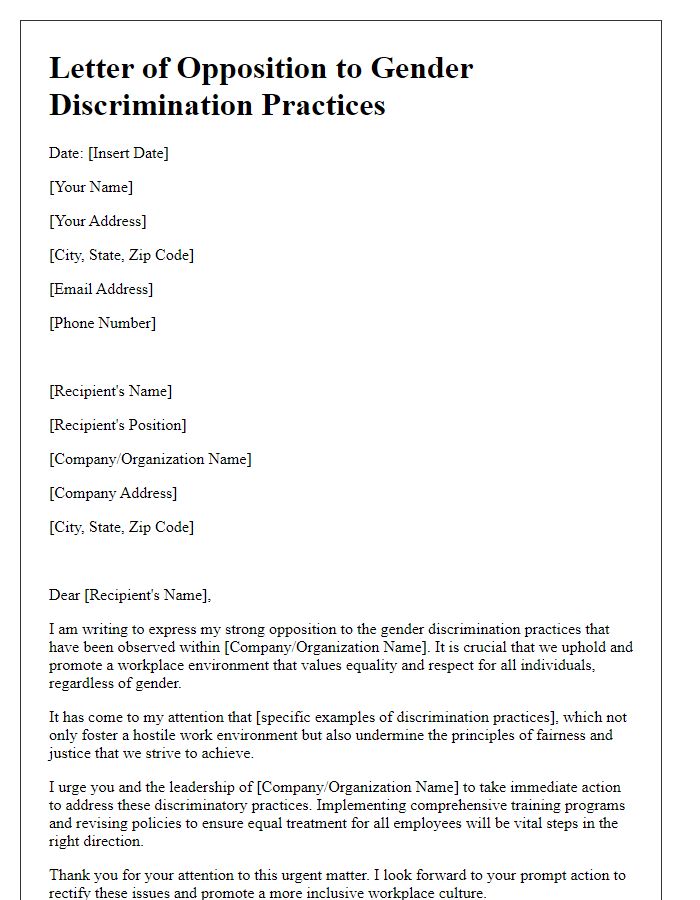 Letter template of opposition to gender discrimination practices