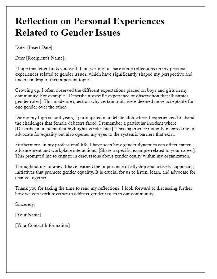 Letter template of reflection on personal experiences related to gender issues