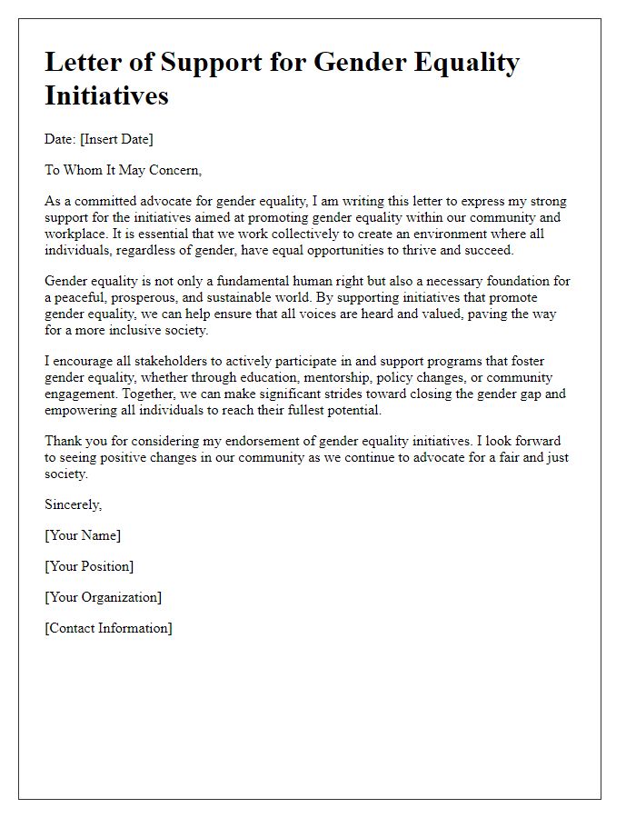 Letter template of support for promoting gender equality initiatives